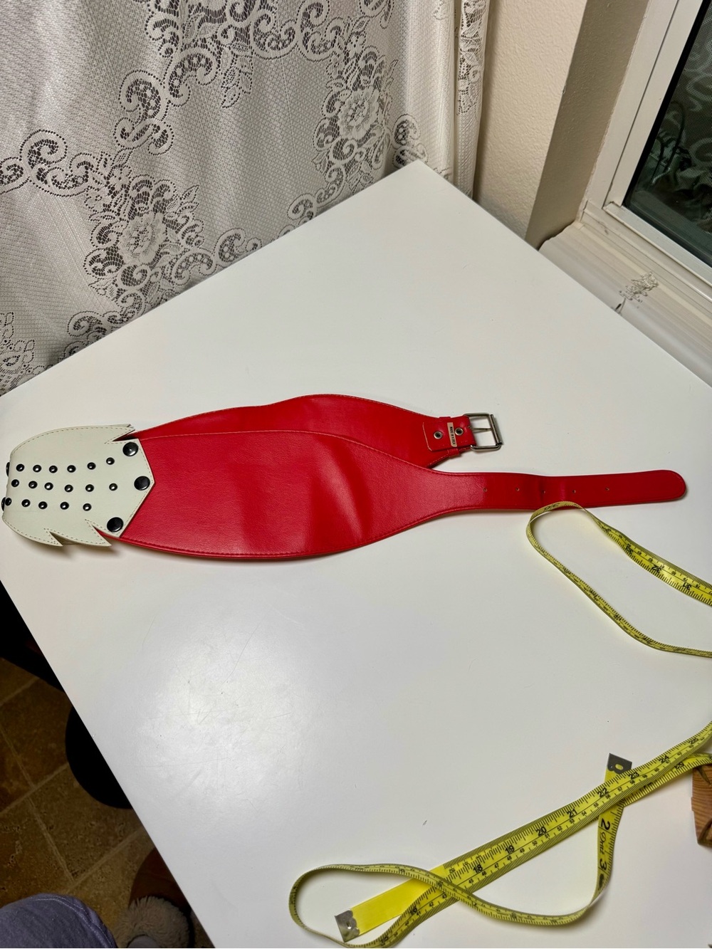 Vintage Wide Red Leather Belt with White Studded Bow, Mid Century Rockabilly - Picture 2 of 5
